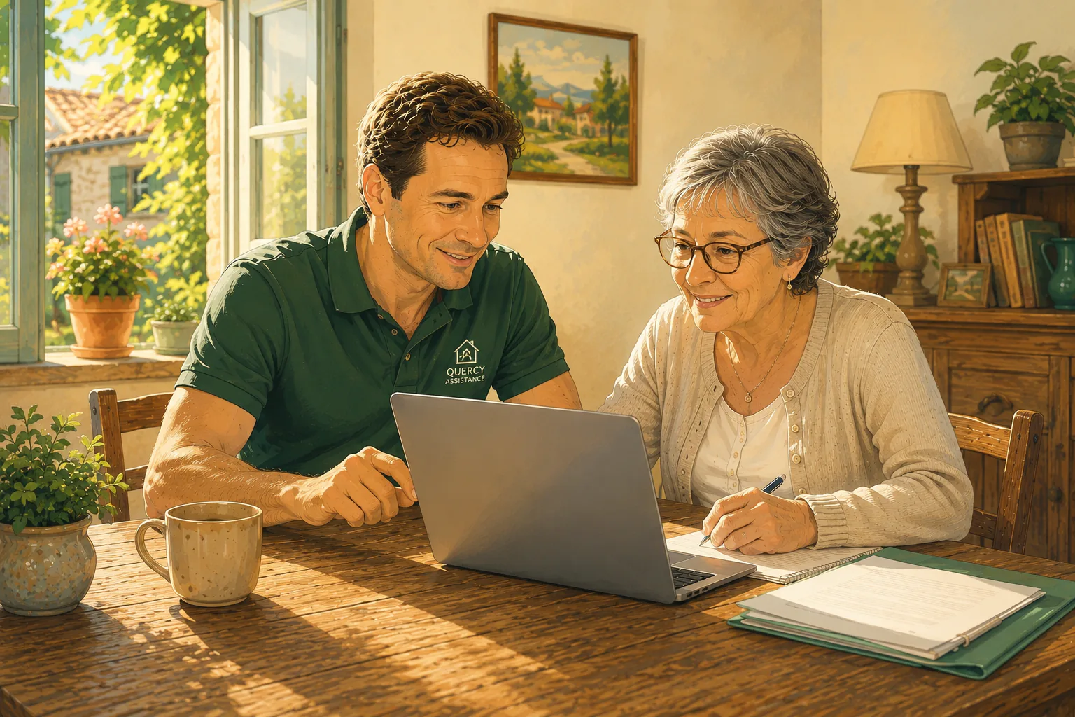 Quercy Assistance professional helping a client at a laptop