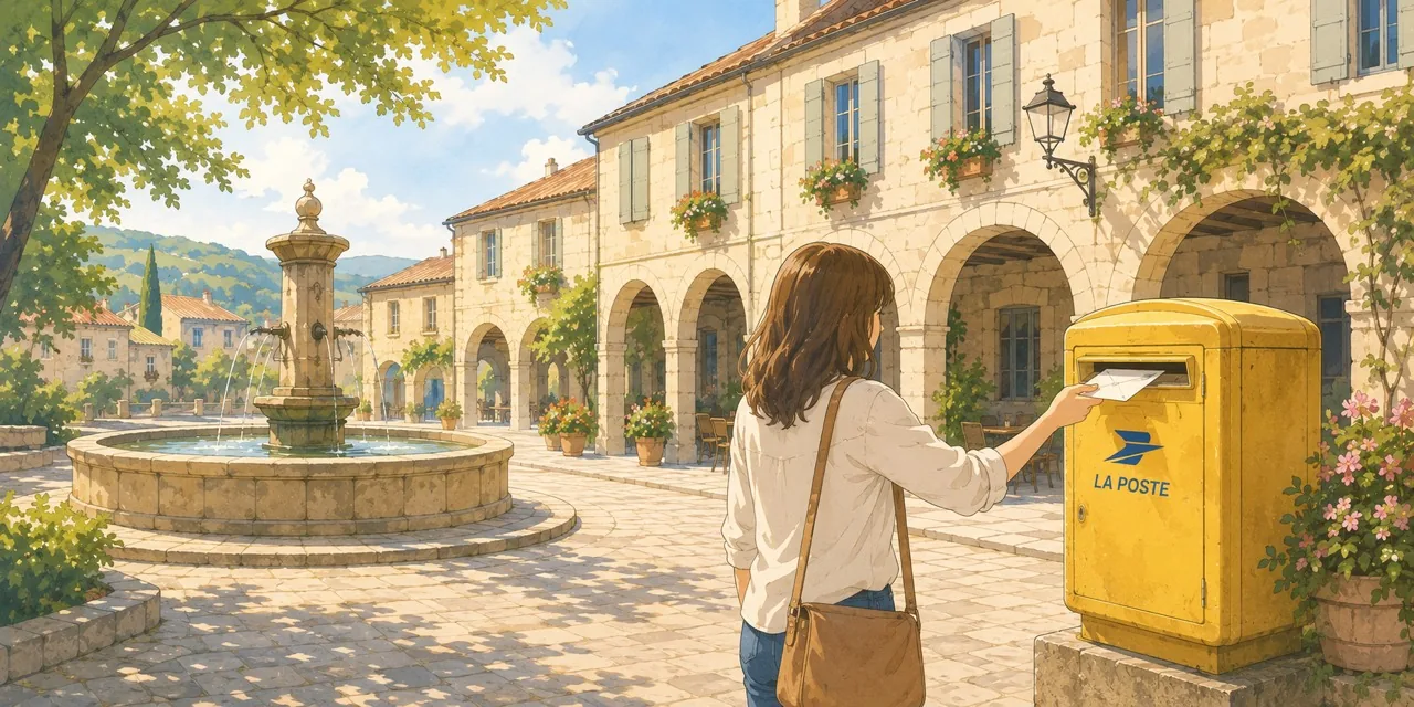 Illustrated village square in Quercy with a woman posting a letter