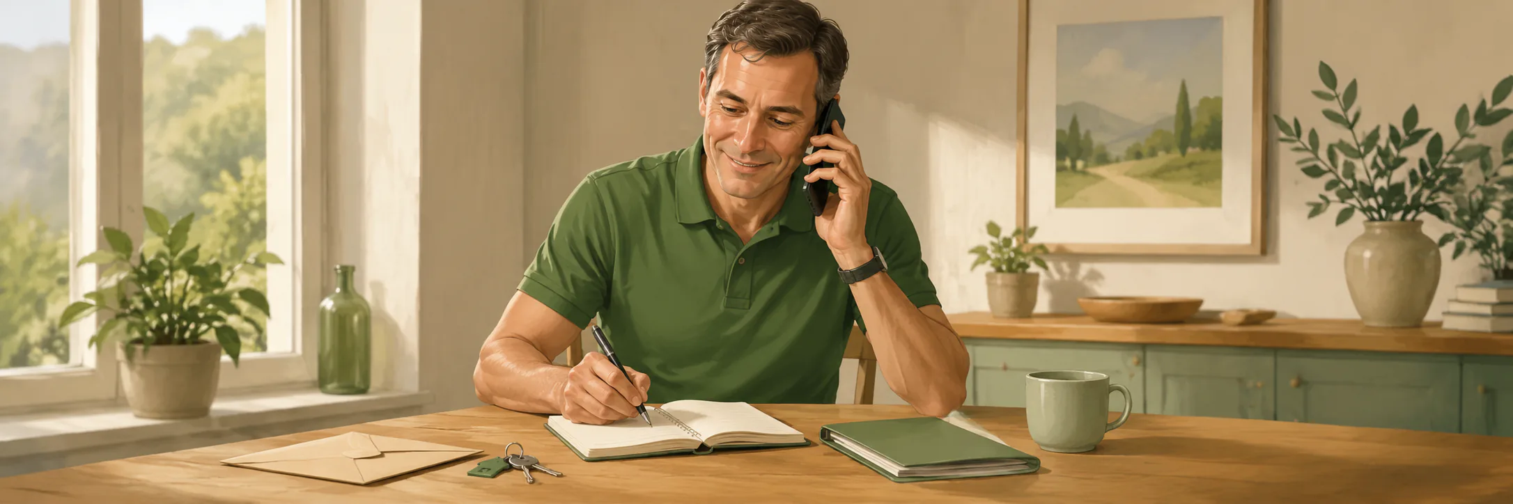 Quercy Assistance professional taking notes while speaking on the phone
