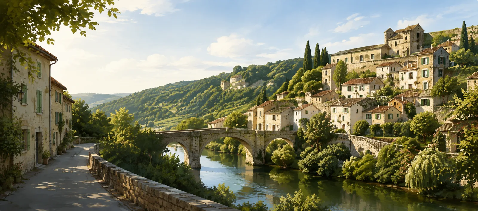 Quercy village among rolling hills, illustrating Quercy Assistance's local service area.
