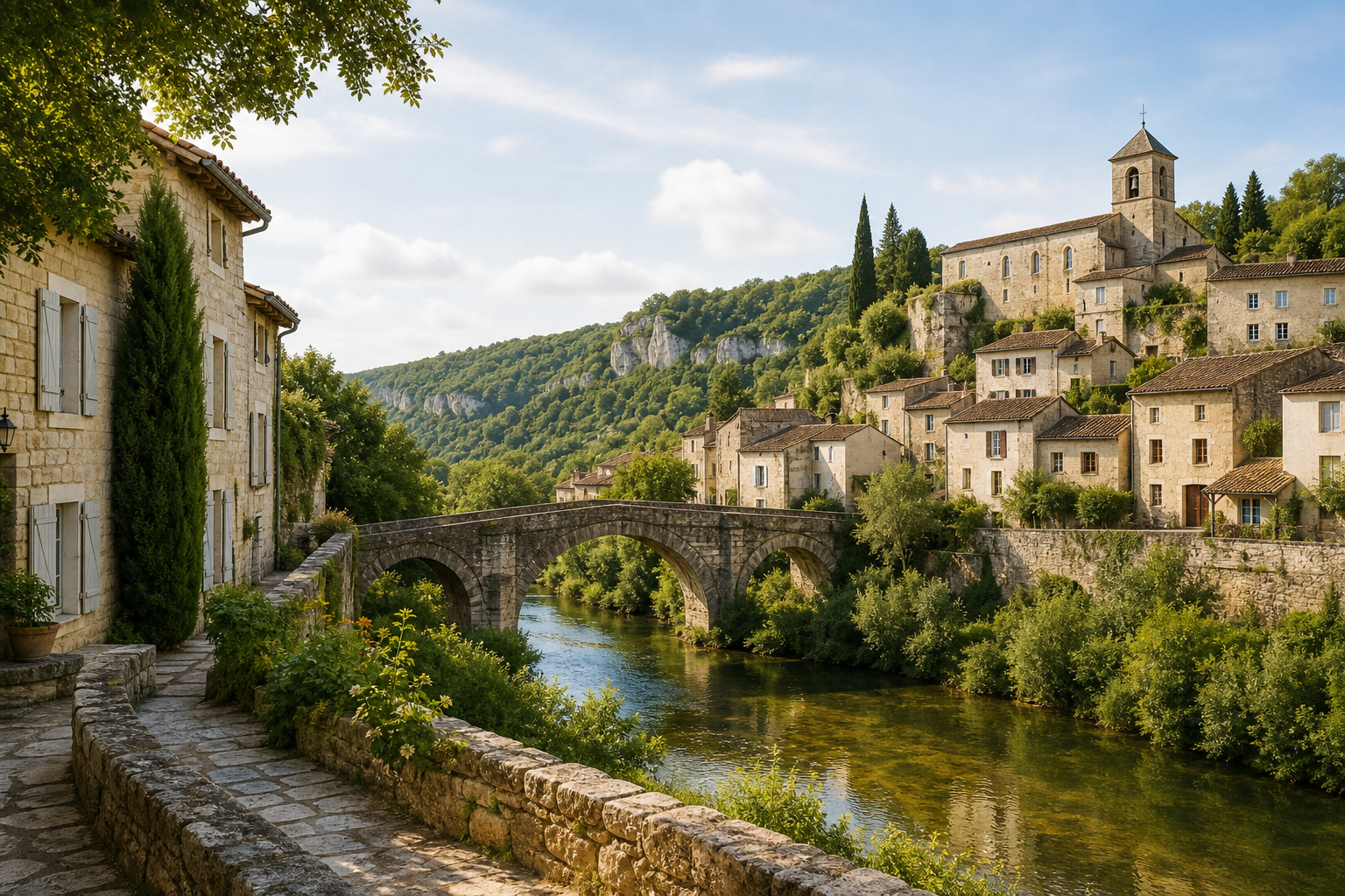 Village en pierre du Quercy dans un environnement calme et verdoyant.