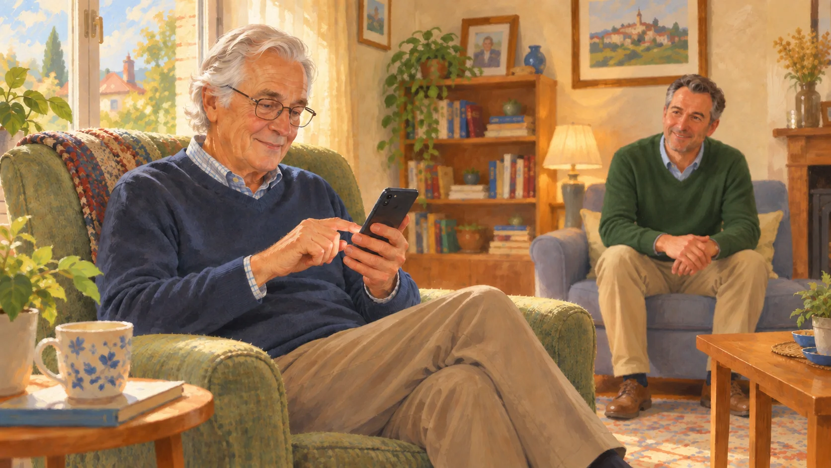 Une personne découvre les fonctions essentielles de son smartphone avec un accompagnement à domicile.