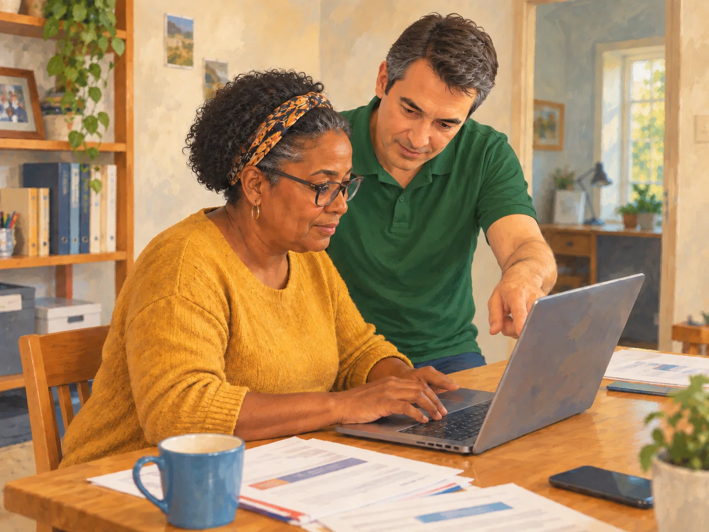 Une personne est accompagnée pour effectuer une démarche en ligne sur un ordinateur ou une tablette.