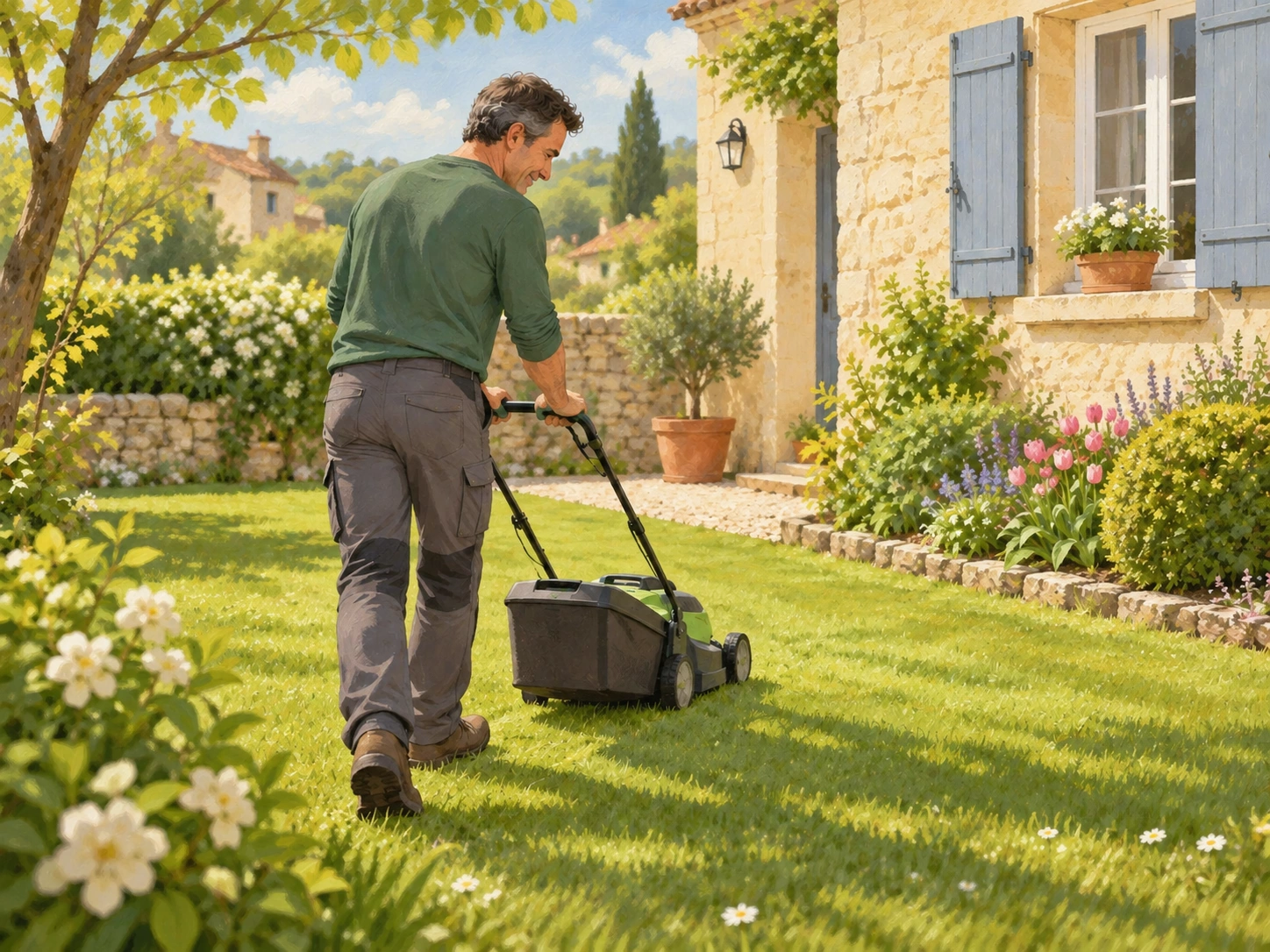 Petite tonte sur une pelouse accessible autour d’une maison.