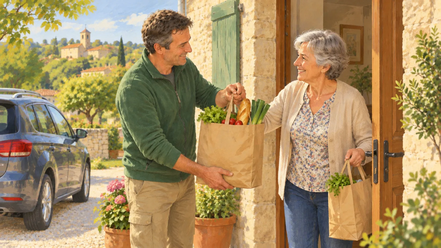 A Quercy Assistance worker hands grocery bags to a client at home.