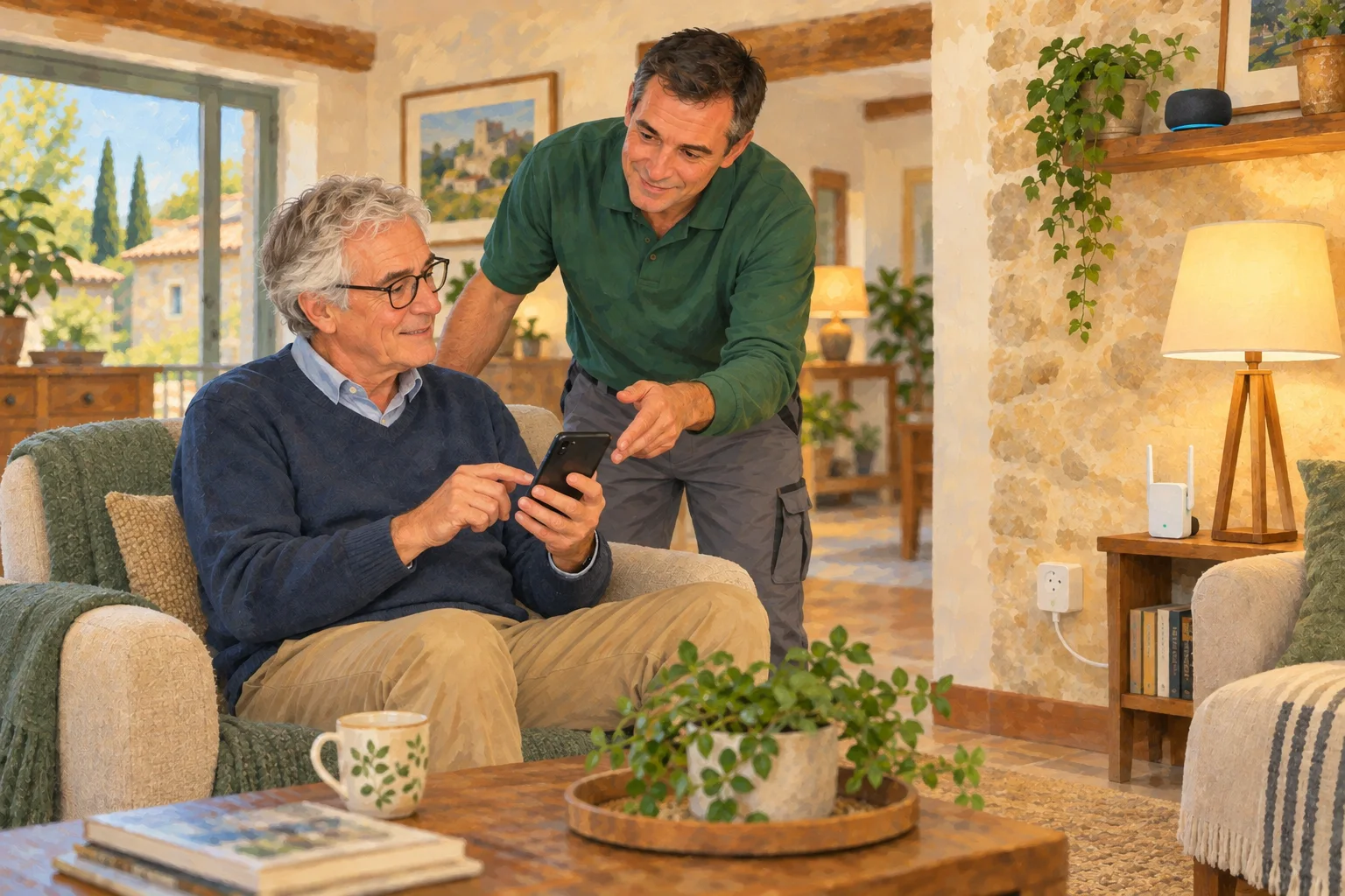 A Quercy Assistance worker helps someone configure a connected device at home.