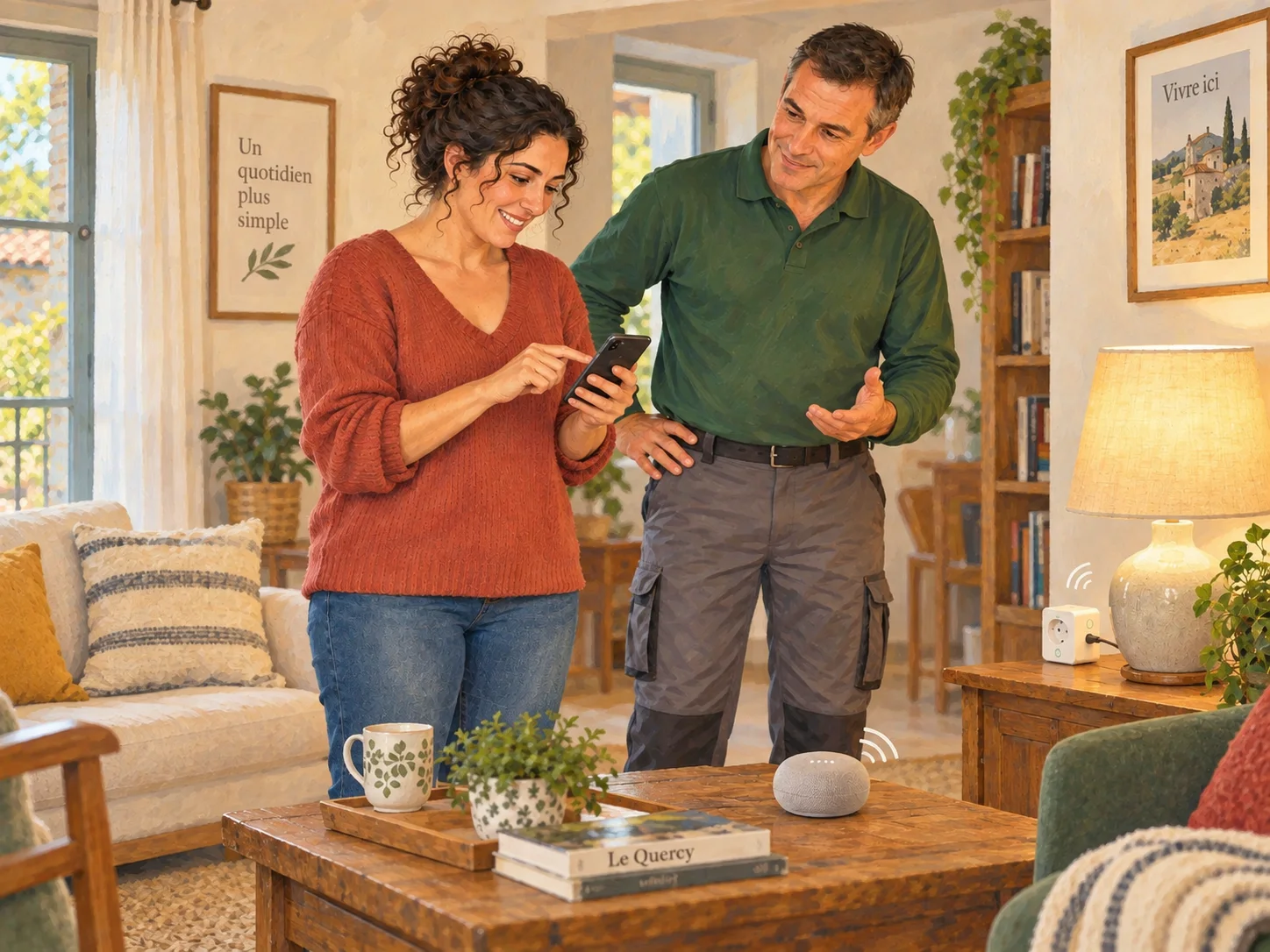 Someone keeps hold of a smartphone while connected-device settings are explained.