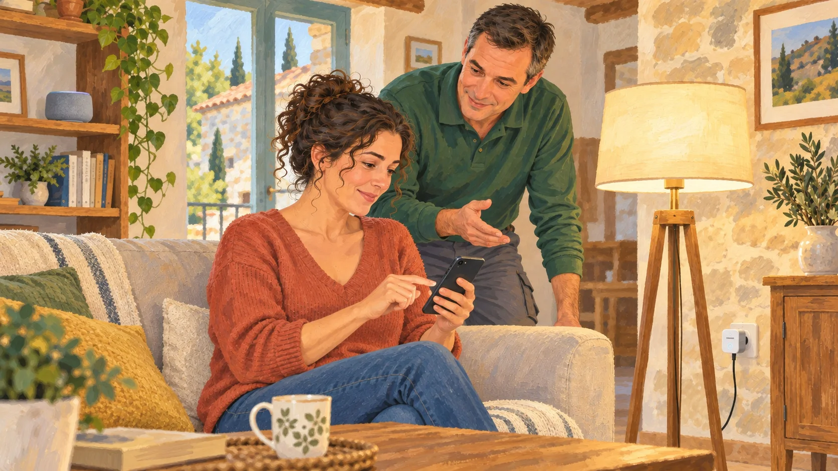 Several simple connected devices work together in a living room.