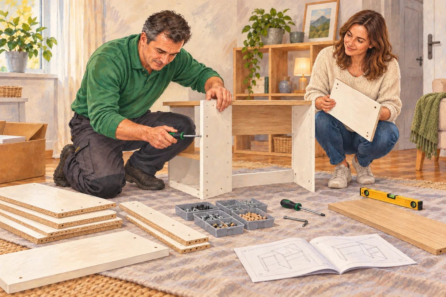 Outils simples, pièces de meuble et quincaillerie organisés pour un montage à domicile.
