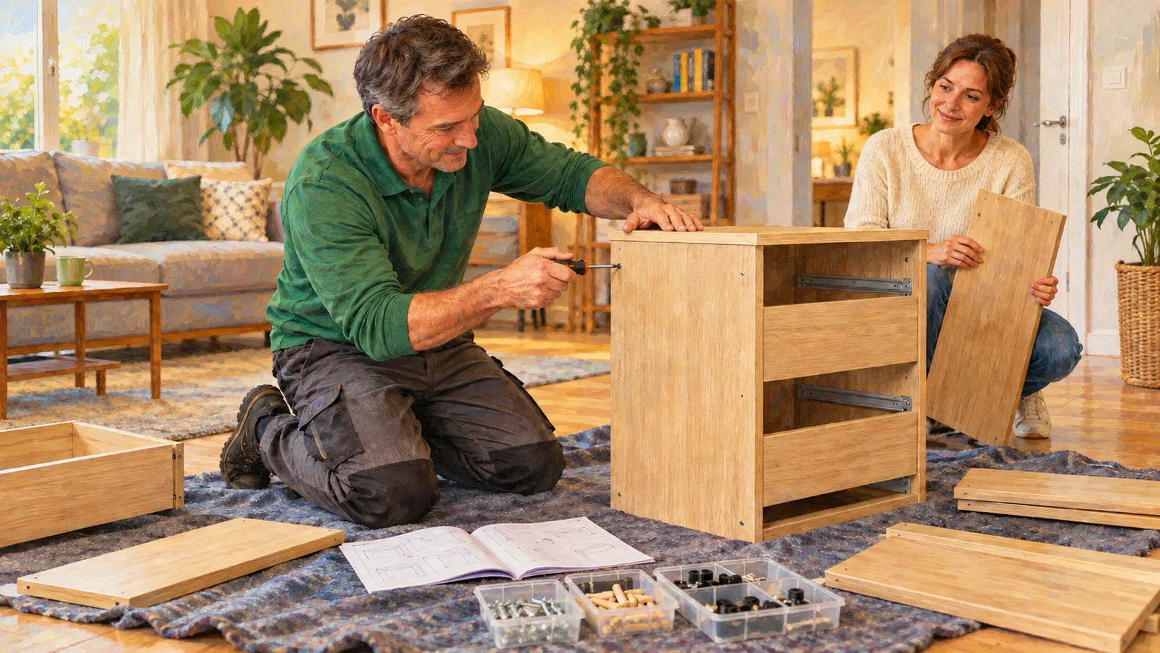Un intervenant Quercy Assistance assemble un meuble en kit dans un intérieur domestique.