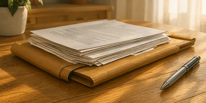 Administrative documents organised in a folder on a table.