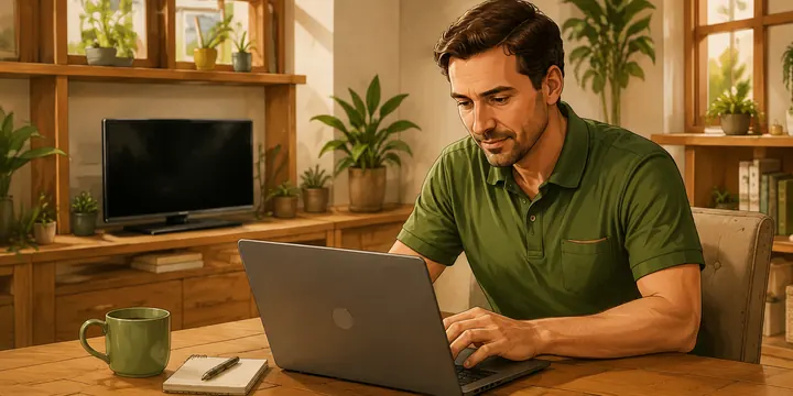 Quercy Assistance worker using a computer in a client’s home.