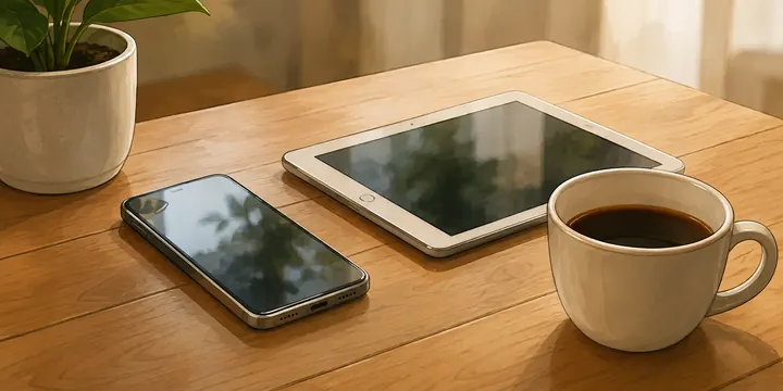 A smartphone and tablet on a table in a warm home interior.