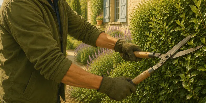 Light hedge trimming in a garden.