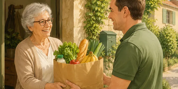 A bag of groceries being handed to a client at her home.