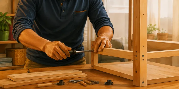 Careful assembly of wooden furniture in a home.