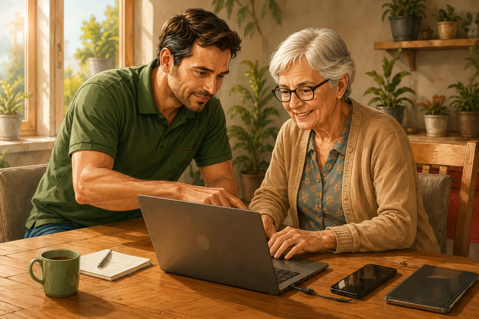 A Quercy Assistance worker helps an older woman with her laptop.