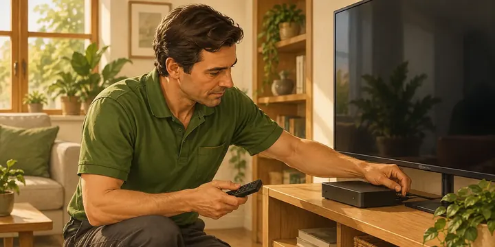A Quercy Assistance worker helping someone set up a television and multimedia equipment at home.