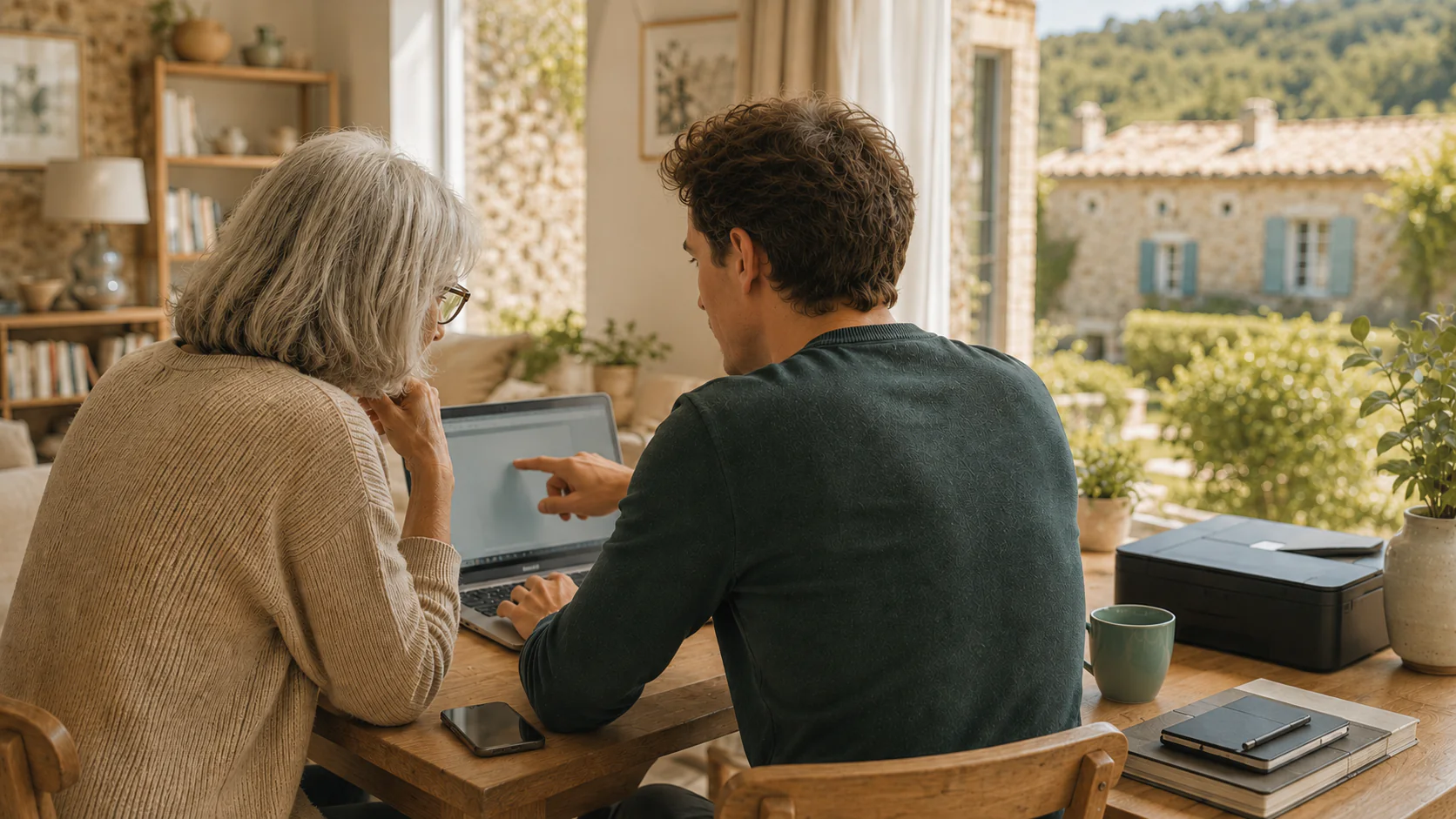 A person receiving help at home in front of a laptop, with a smartphone and printer nearby