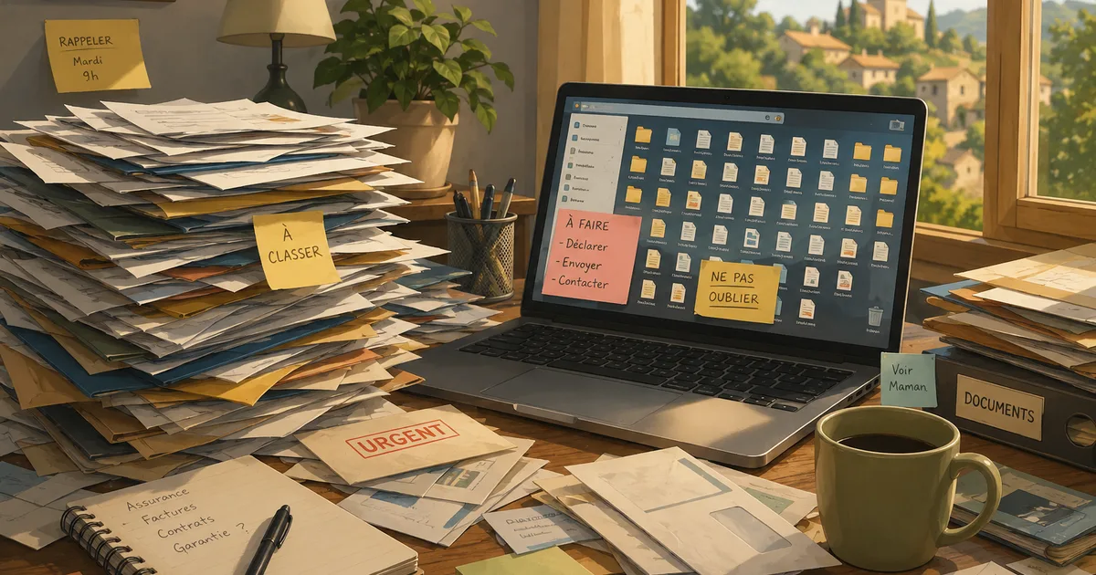 Desk with paper documents to file and a computer displaying digital folders