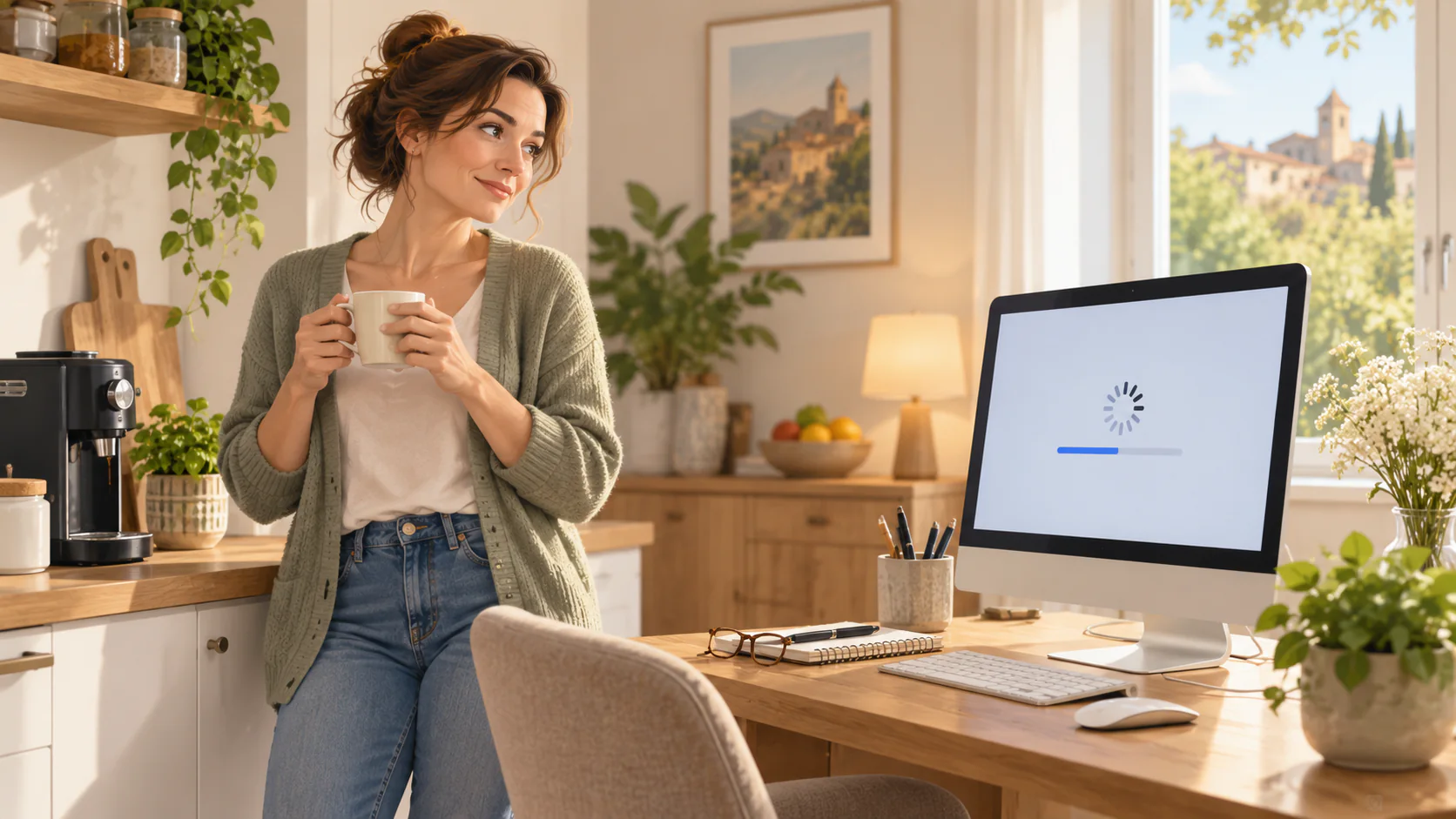 A woman noticing that her desktop computer is running slowly at home.