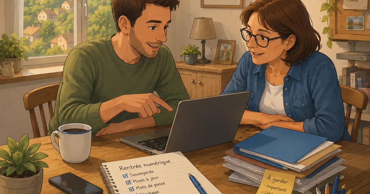 A man helping someone close to him check her computer before the digital back-to-school period