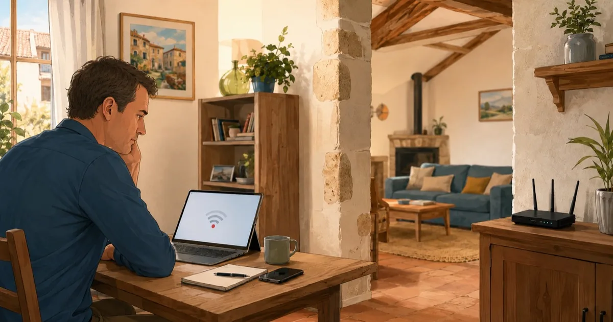 A man checking a slow Wi-Fi connection on his laptop near the router