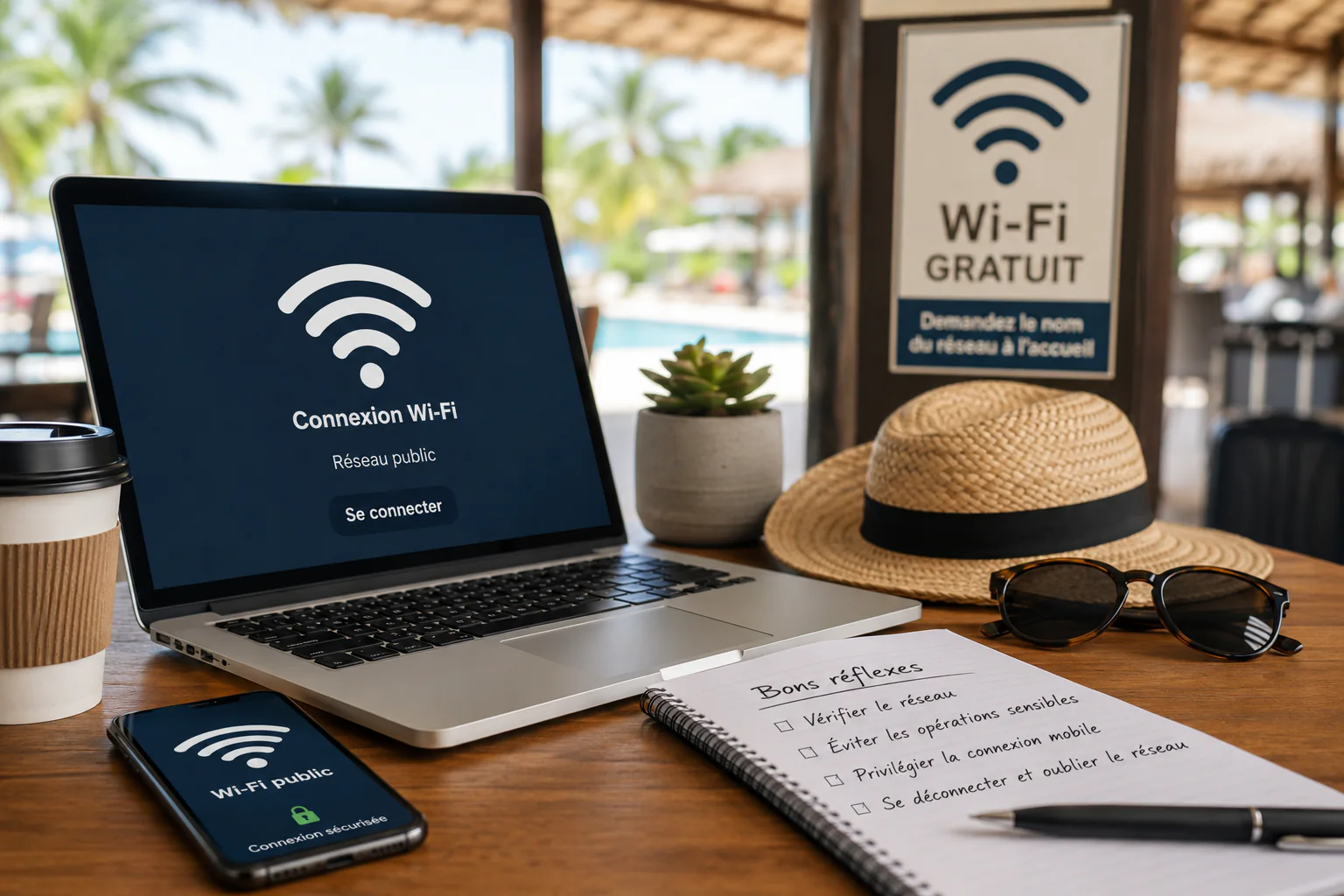 Laptop and smartphone on a table in a holiday setting with public Wi-Fi access